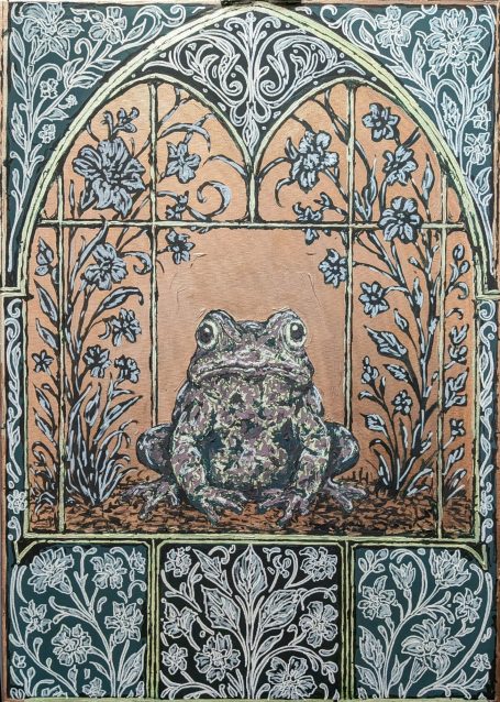 Frosch inmitten von Pflanzenornamenten auf einem kunstvollen Hintergrund.